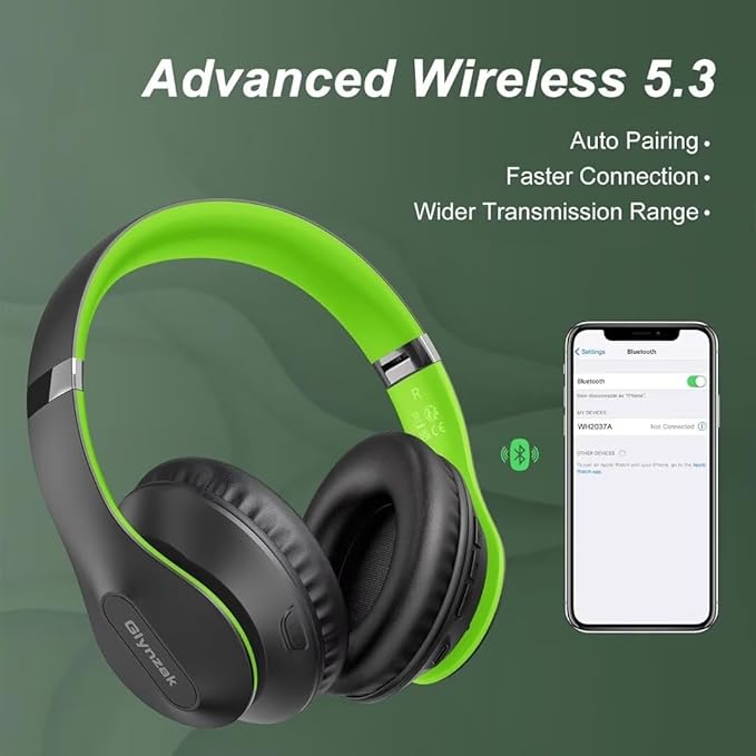 Glynzak Wireless Bluetooth Headphones Over Ear 65H Playtime HiFi Stereo Headset with Microphone and 6EQ Modes Foldable Bluetooth V6.0 Headphones for Travel Smartphone Computer Laptop