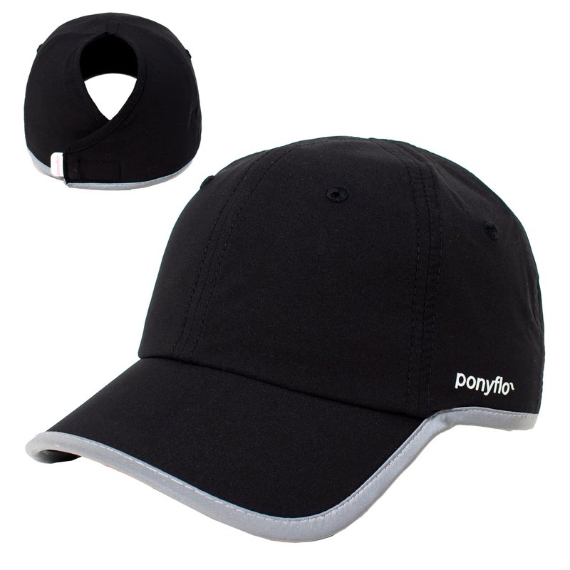 Ponyflo 360 Reflective Performance Ponytail Running Hat, Patented Womenâs High Ponytail Baseball Cap, Black