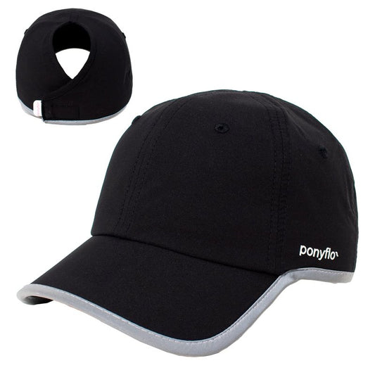 Ponyflo 360 Reflective Performance Ponytail Running Hat, Patented Womenâs High Ponytail Baseball Cap, Black