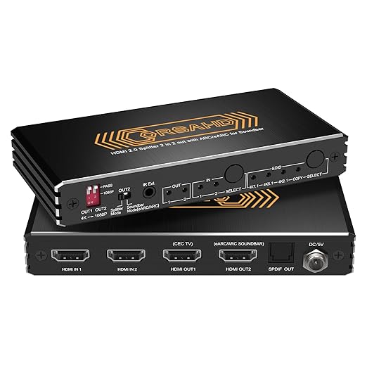 CORSAHD 4K@60Hz HDMI 2.0 Splitter 2 in 2 Out with Audio Extractor Supports ARC,e-ARC,Soundbar,Downscale,HDCP Bypass,HDR,CEC,EDID,SPDIF,IR Remote,HDMI Swtich 2 in for soundbar