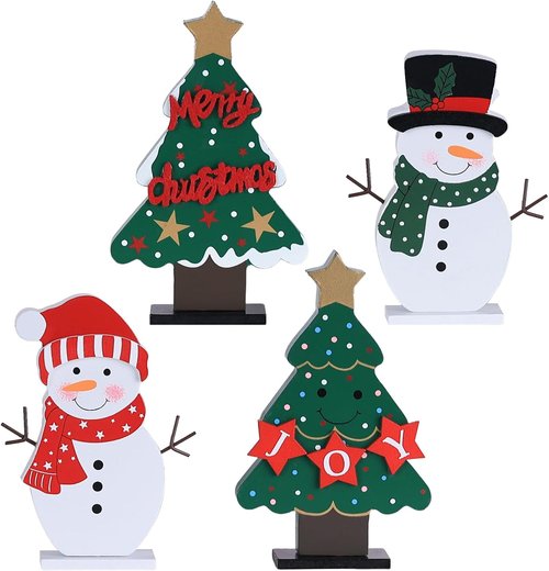 DECSPAS Christmas Decorations - 4 PCS Wooden Christmas Trees & Snowmen for Festive Table Centerpieces | Winter Home Decor
