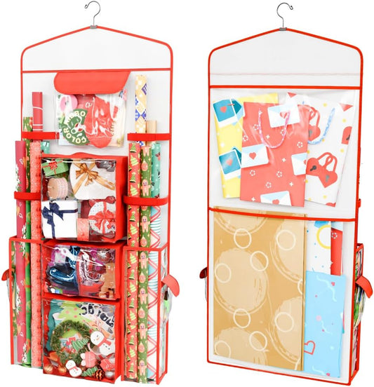 ProPik Wrapping Paper Storage Organizer - Double-Sided Design with Multiple Pockets | 40" x 17" Clear PVC Bag (Red)