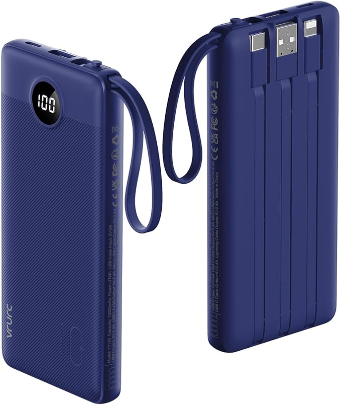 VRURC Portable Charger, Built in 4 Cables & Lanyard Power Bank 10000mAh, Compact USB C Phone Charging Bank 5 Outputs for Multi Devices,Travel Essential for Hiking Camping Business-Navy(1 Pack)