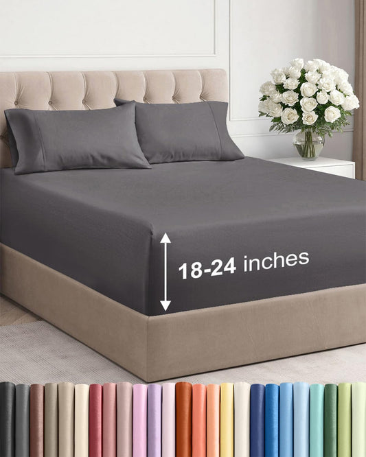 Skiennix Extra Deep Twin Sheet Set - 4-Piece Breathable Cooling Bedding - Soft, Wrinkle-Free Grey Sheets for Ultimate Comfort
