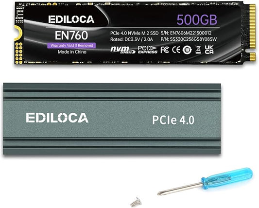 Ediloca 500GB M2 NVME SSD with Heatsink - PCIe Gen4.0 NVMe M.2 2280 3D NAND TLC, 4800MB/s Read, Internal Solid State Drive for PS5/PC, Dynamic SLC Cache, PS5 Storage Expansion, 5-Year Warranty(EN760)