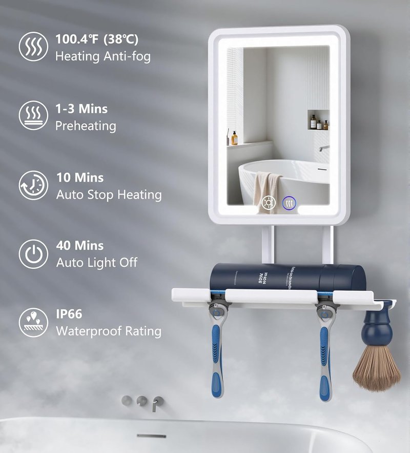Heated Shower Mirror - Fogless Lighted Shaving Mirror with 360° Adjustable Design | Rechargeable, White