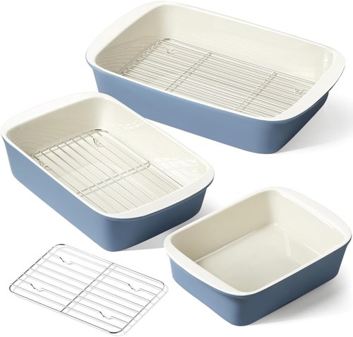 LE TAUCI Ceramic Baking Dish Set - Large Deep Casserole Dishes with Handles | Dusty Blue, Set of 3 (4.6QT/3.0QT/1.6QT)