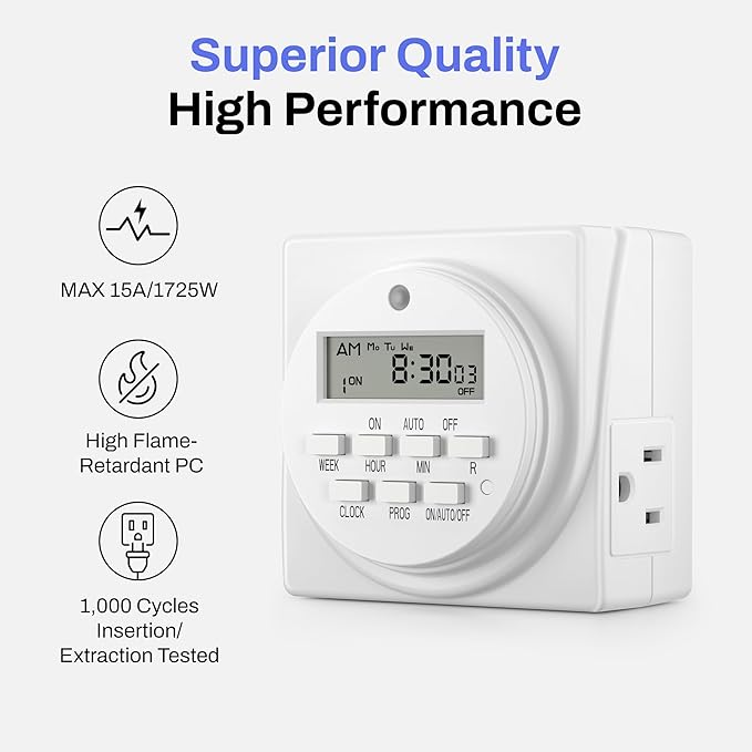 BN-LINK Indoor Digital Timer Outlet, Dual Outlet 7 Day Programmable Light Switch, 3 Prong Plug in Timers for Electrical Outlets, Lamps, Fans, 8 On/Off Programs, 1 Pack, 15A/1875W, ETL Listed