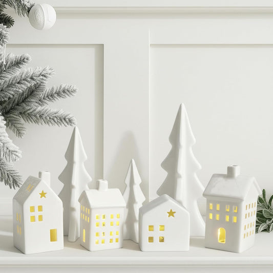 Newtay Ceramic Christmas Village Set - 7 Pcs LED Light-Up White Houses & Xmas Trees for Rustic Holiday Decor