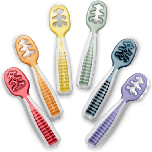 NumNum Baby Spoons Set - Silicone Self-Feeding Utensils for 6+ Months | BPA-Free, 6 Pack Rainbow