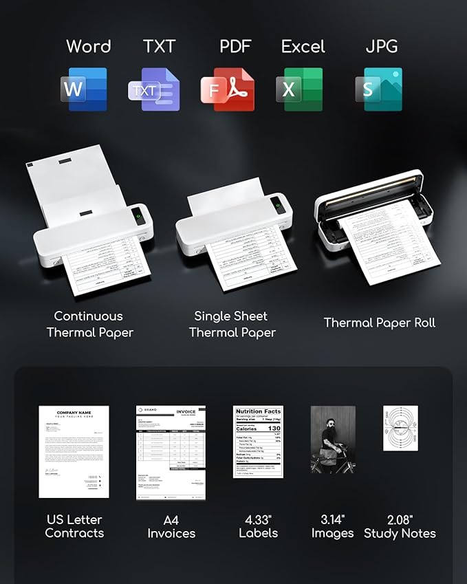 TATTMUSE Portable Thermal Printer, Bluetooth Printers Wireless for Travel Home Use, Mini Compact Printer