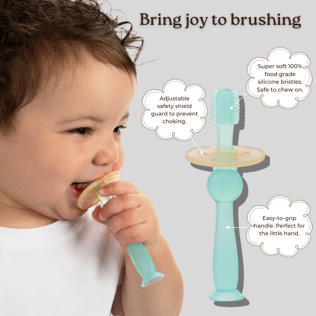 haakaa 360° Silicone Baby Toothbrush – 100% Soft Food Grade Silicone, BPA-Free, Suction Base, Safe for Babies 6 Months+, Gentle Gum and Teeth Cleaning for Infants, Gum Massager (Mist Blue)