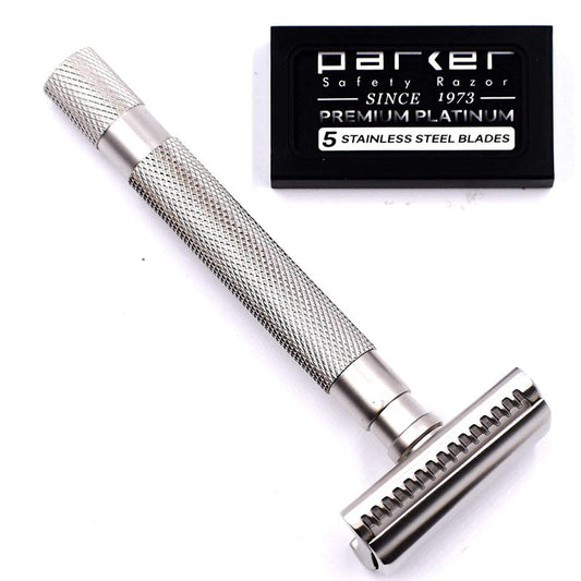 Parker Semi-Slant Safety Razor – Satin Chrome Finish | Smooth, Efficient Double Edge Wet Shaver for Men | Slanted Cutting Action + 5 Platinum Blades Included | Iconic Brand