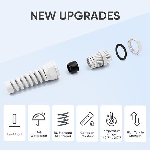 Strain Relief Cord Connector,LISTENJIALE 5Pcs NPT 3/4" Waterproof Cable Gland Flex Spiral Strain Relief Adjustable 12.5-18mm Cable Connector Nylon Joint with Gaskets(Grey)