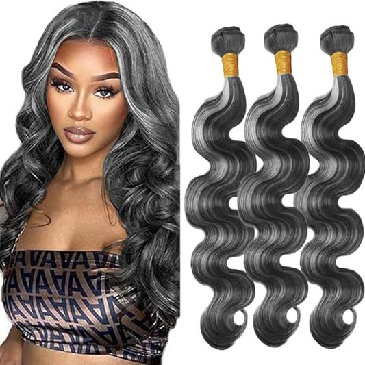 Bafamiya Highlight Grey Human Hair Bundles Body Wave 12 14 16 Inch P1B/Grey Bundles Human Hair 3 Bundle 300g Total Unprocessed Brazilian Virgin Hair for Black Women