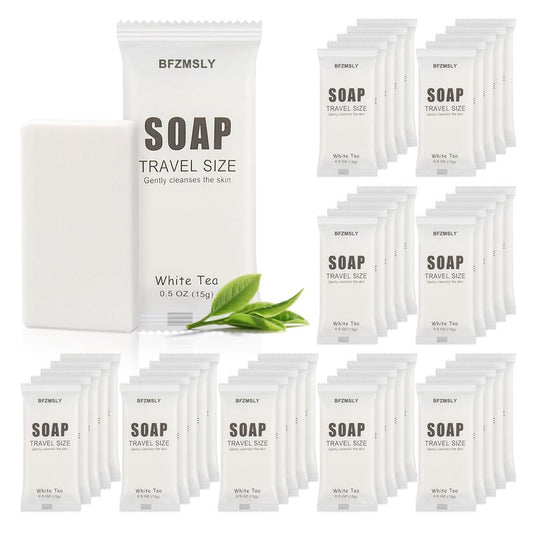 BFZMSLY 100 Pack Bulk Wrapped Hotel Bar Soap, 0.5 oz (15g), White Tea Scent – Mini Guest Soaps for Hotels, Airbnb, Vacation Rentals, Travel Toiletries, Individually Wrapped
