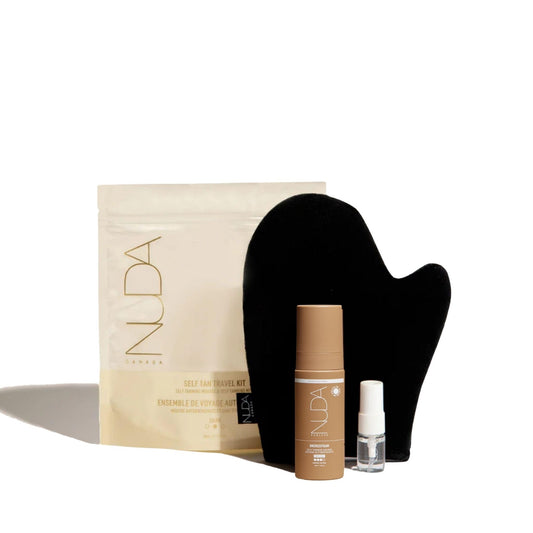 Nuda Glow On The Go Self Tan Travel Kit | Includes Self Tanner Mitt,1.69 Fl Oz Dark BronzeFoam Tanning Mousse & 0.19 Fl Oz CloudMist Face Tanner | Streak-Free Application | Head-to-Toe Sun-Kissed Look