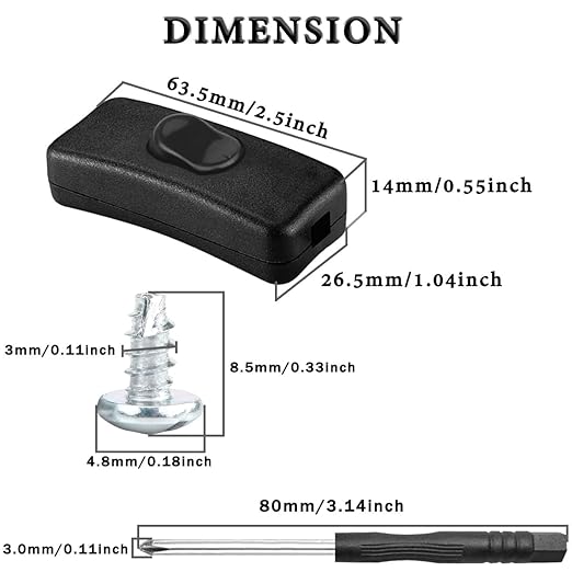 MKBKLLJY 6PCS Inline Cord Switch AC 250V 2A Appliance Switch Replacement Button Control Rocker ON Off DPST with Cross Screwdriver Screw, for Bedroom Table Lamp Desk LED Lights OJ-318 Black