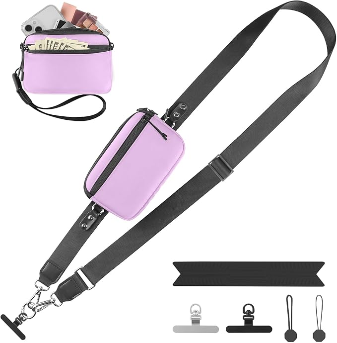 YFWE Clip and Go Strap for Phone with Wallet Crossbody, Adjustable Phone Lanyard with Detachable RFID Wristlet Wallet & Ultra-Thin 360° Rotatable Metal Tabs for All Smartphones (Purple)