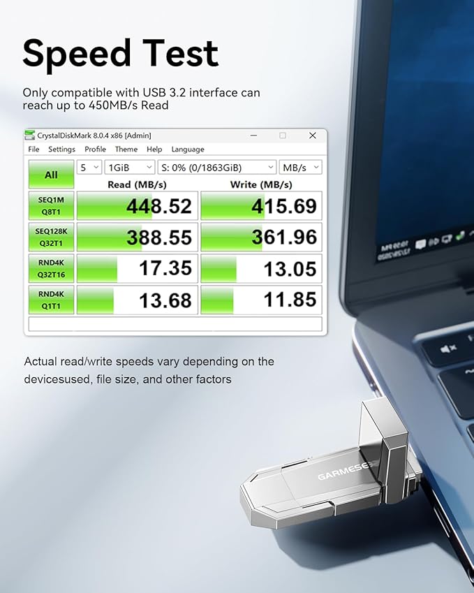 GARMESE USB C SSD Flash Drive 512GB Up to 450MB/s, External SSD Type C+ USB A USB 3.2 Dual Ports Portable Metal Thumb Drive Stick 2-in-1 External Drive for iPhone 17/16/15 Series/Mac/Android Phone