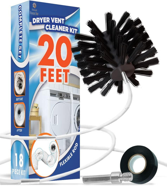 Professional Dryer Vent Cleaner Kit - 20-Foot Reusable Lint Remover with Strong Nylon Brush & Drill Attachment