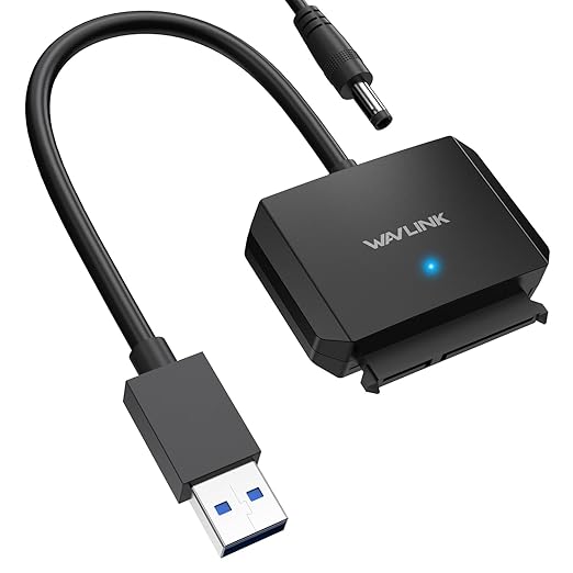 WAVLINK SATA to USB Type-A Hard Drive Cable, 5Gbps USB3.0 to Sata Cable Support UASP, External Hard Drive SATAI/II/III Connector 2.5" SSD/HDD and 3.5" HDD up to 20TB, Power Adapter Included
