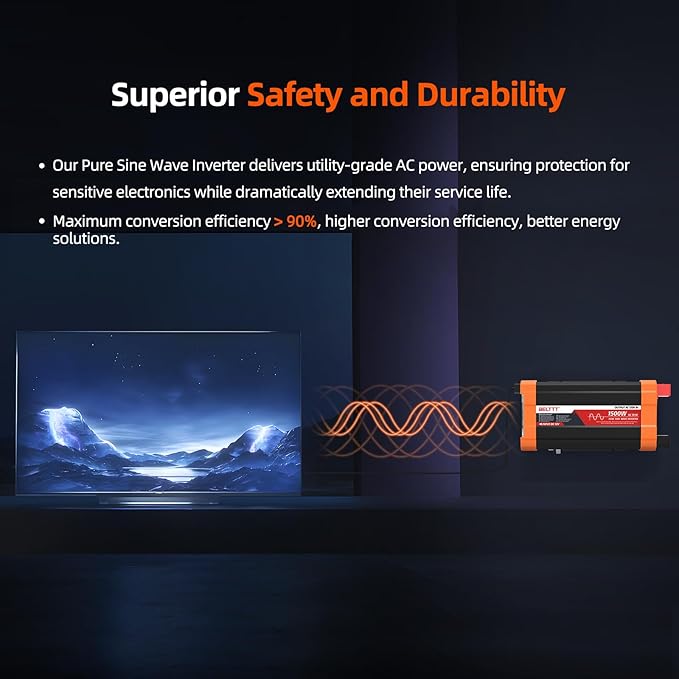 BELTTT 1500W Pure Sine Wave Inverter 12V to 120V AC, Inverter 12V to 110V Converter for Solar, Off-Grid, RV, Truck, Power Inverter with Dual AC Socket, 5V 2.1A USB, Surge 3000W, Smart LCD Display