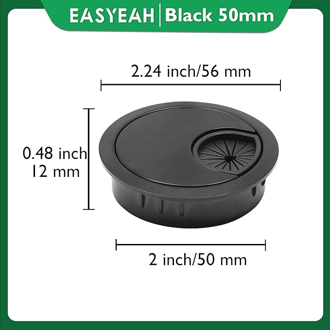 EASYEAH 1 Pcs Desk Grommet 2" / 50 mm, Desk Cord Hole Cover, Cable Grommet Metal Zinc Alloy Materilal, Desk Hole Grommet for Home & Office Pc, Detachable Cable Cord Organizer-Flat Black