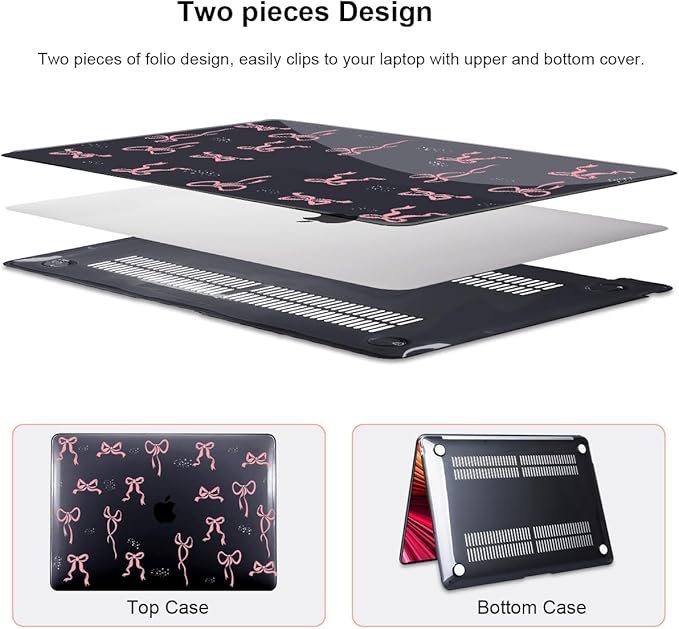 LCMOCICO for MacBook Air 13 inch Case 2021 2020 2019 2018 Release M1 A2337 A2179 A1932, Pritned Pattern Plastic Hard Case Cover for MacBook Air 13 M1 with Retina Display Touch ID, Pink Bowknot Black