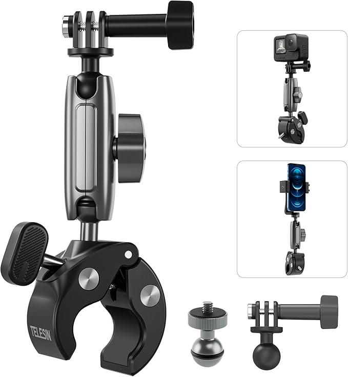 TELESIN Super Clamp Camera Mount with 360° Dual Ball Head, Bike/Bicycle/Motorcycle Handlebar Mount for GoPro Mission 1 PRO/DJI Osmo Pocket 4 3/ DJI Action 6 5 4/ Insta360 Luna Ultra/Xtra Muse Camera