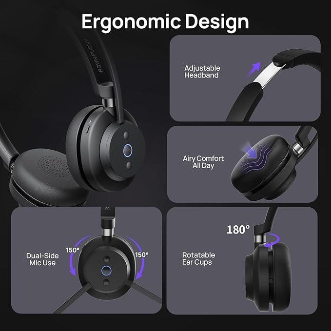 Wireless Bluetooth Headset with Mic for Work - Noise Cancelling Headphones,Over Ear Microphone with 2.4G USB Dongle Mute Button for PC/Laptop/Call Center/Home Office/Zoom/Teams Meeting