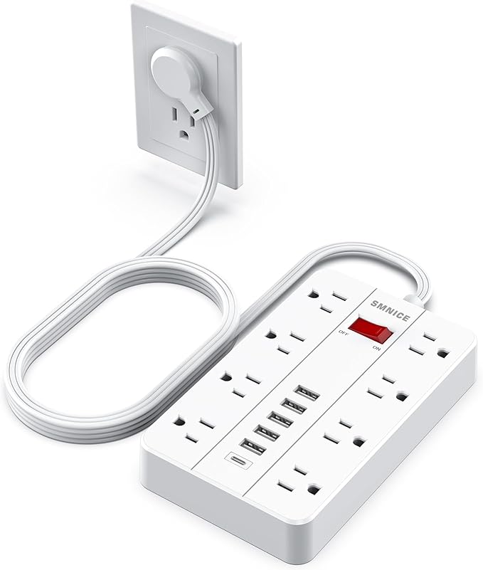 SMNICE Power Strip with USB, Power Strip Flat Plug with 8 Widely Spaced Outlets and 6 USB Ports(1 USB C), 5ft Extension Cord Wall Mountable Phone Tablet Laptop Computer Multiple Devices