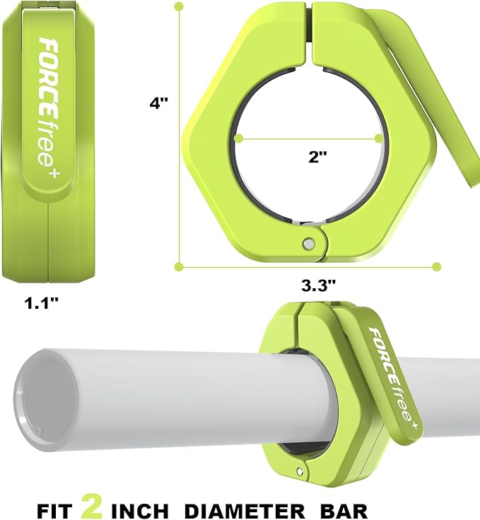 Forcefree+ Barbell Clips (Pair), Barbell Clamps, Quick Release Olympic Barbell Clamps with Anti Slip TPR Grip, Barbell Collars for Secure Weightlifting & Powerlifting (Magnetic, Green)