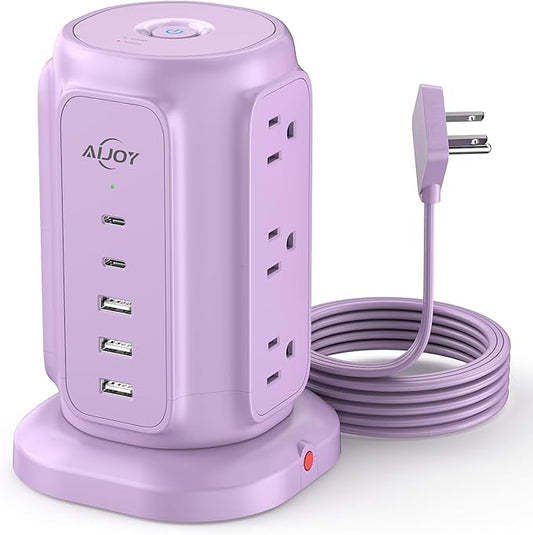 AiJoy Flat Plug Power Strip Tower with 9 AC Outlets and 5 USB Ports