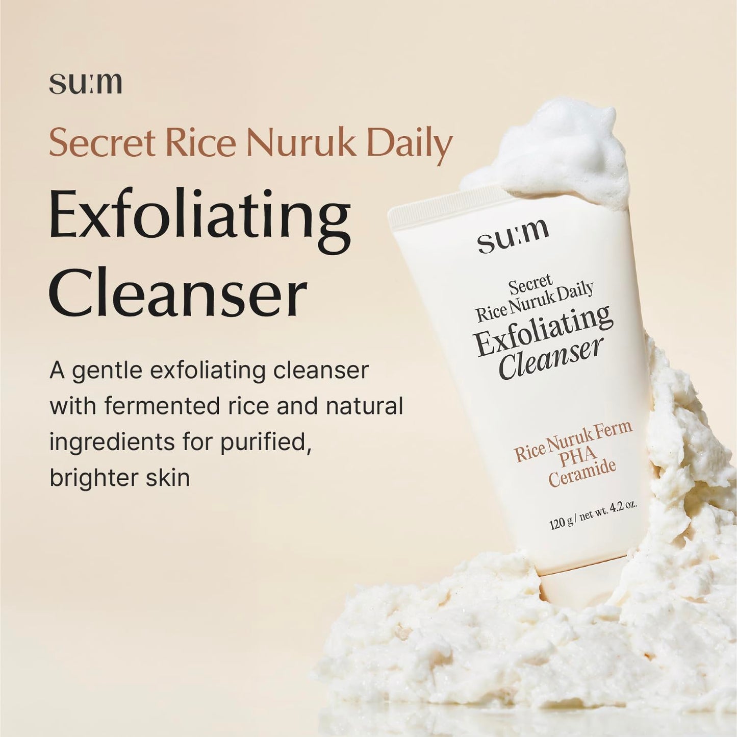 SU:M Secret Rice Nuruk Daily Exfoliating Cleanser (4.23 fl oz) - Korean Skincare Gentle Scrub Foam Cleanser with Rice Nuruk Extract, PHA, and Melting Ceramide for Hydration and Smooth Skin.