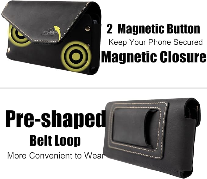 Topstache Belt Loop Leather Cell Phone Holster for iPhone 17/16/15 Pro Max, Galaxy S25/S24 Ultra - Magnetic Closure Cell Phone Pouch - Leather Belt Holder Fit Protective Case on, XL,Black