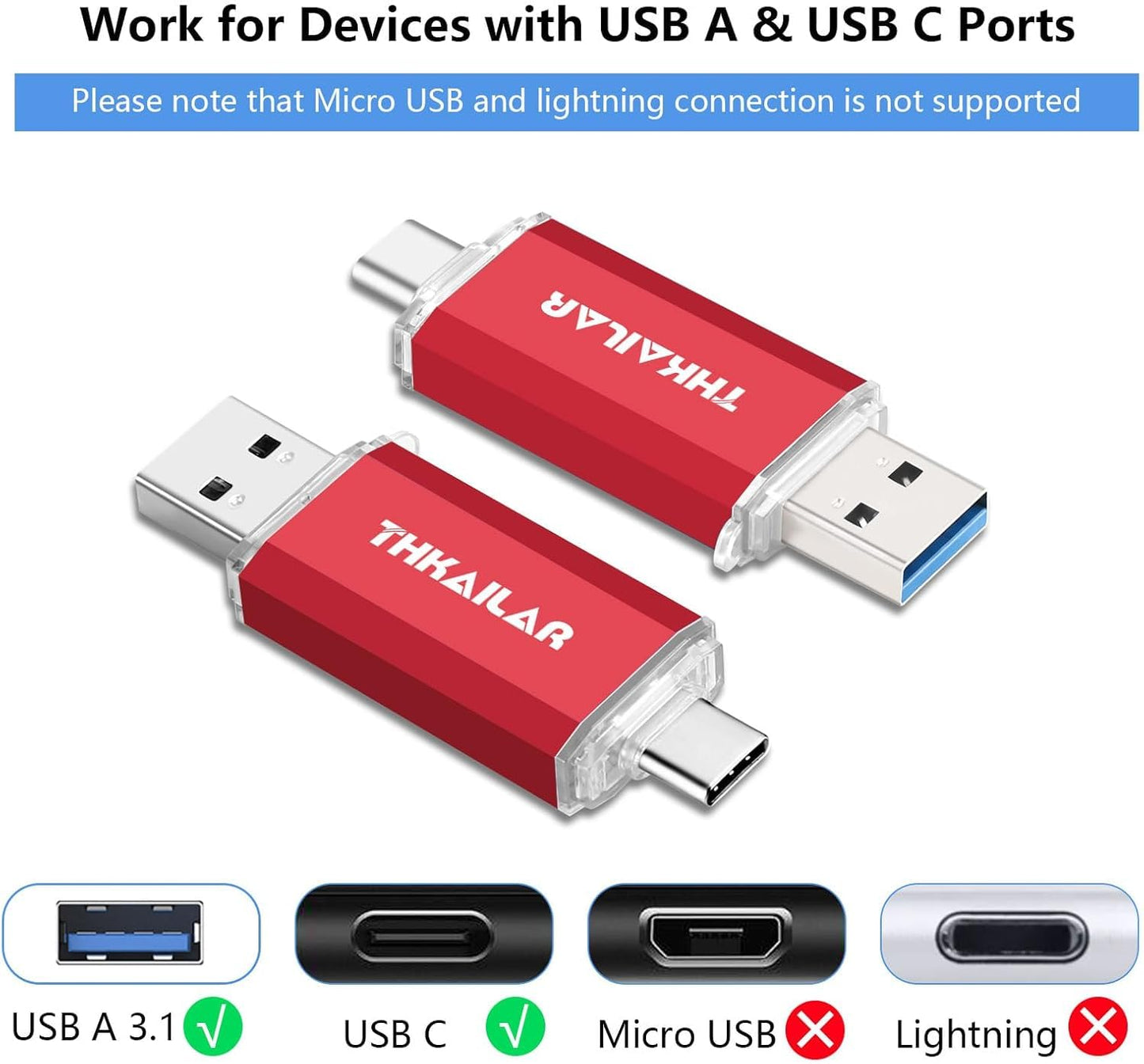 Thkailar USB C Flash Drive 256GB,USB Flash Drive with Type C and Type A 3.1 Port Compatible with Android Phone,MacBook Pro,PC(Red)