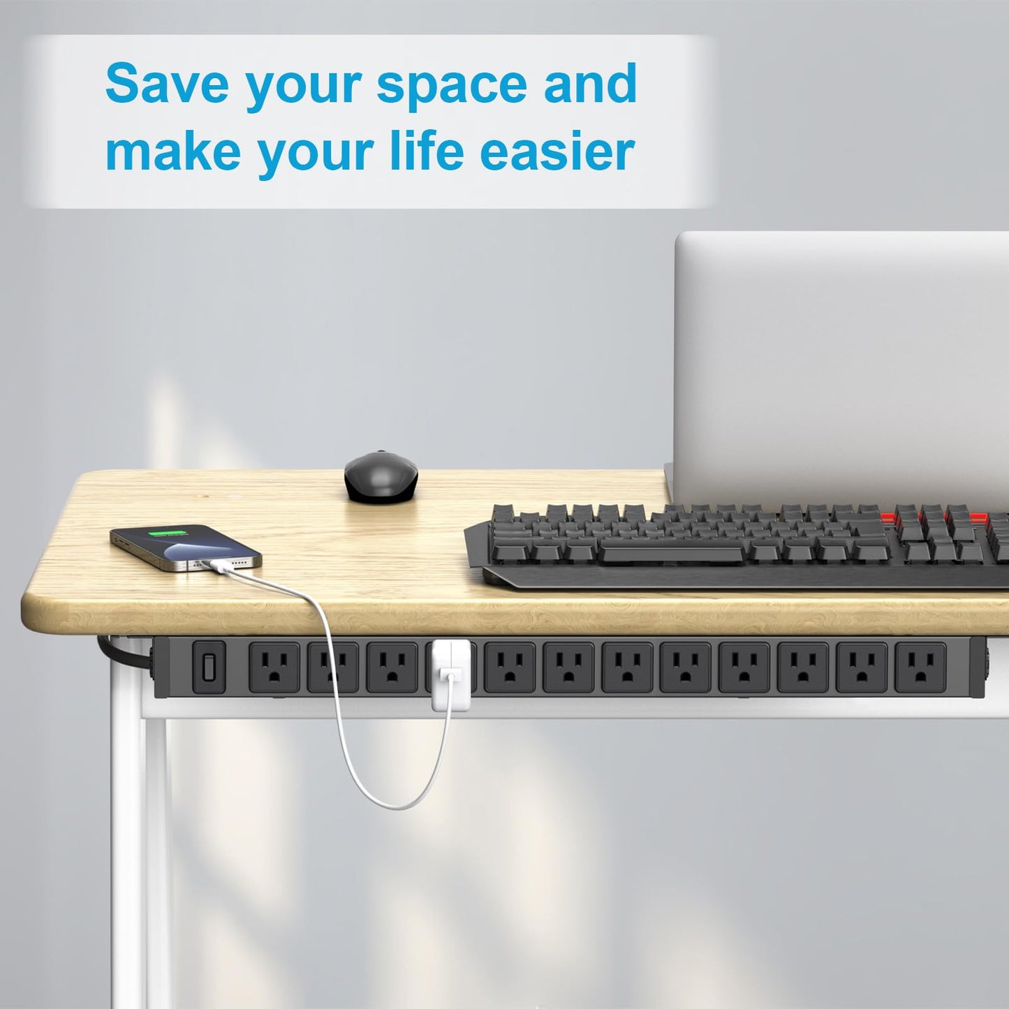 HHSOET 360° Rotating 12 Outlet Mountable Power Strip, Aluminum Alloy Long Power Strip,1200J, Heavy Duty Wall Mount Surge Protector with Switch, 3ft Power Cord