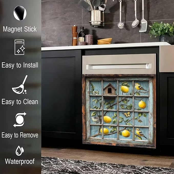 Rustic Kitchen Decor Dishwasher Magnet Cover Decal, Lemon Bird Birdhouse, Magnetic Dish Washer Panel Door Vinyl Sticker, Refrigerator Magnets,Easy to Clean, 23 x 26 inch