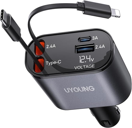 iPhone Car Charger, Retractable Fast Car Phone Charger 100w for CarPlay, 4 in 1 Car Charger Adapter with 2 Cables 31.5 Inch and 2 USB Ports, Compatible with iPhone 17/16/15/14/13/12/11 Pro/Samsung