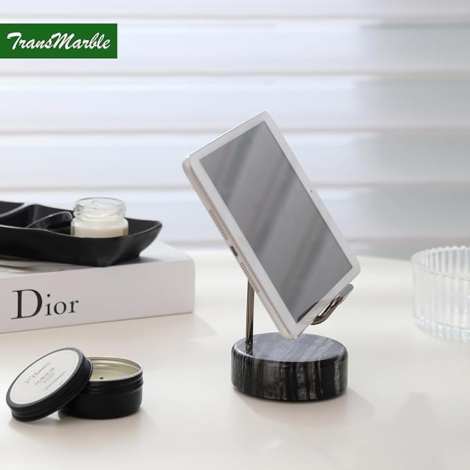 TransMarble Marble Phone Stand with Metal Holder, Charging Available While Using, Swipe Up to Unlock, Made of Natural Marble as Business Card Holder for Office Desk (Wooden Black + Black)