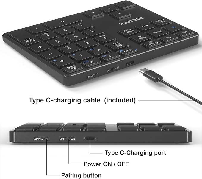 MOFII Number Pad for Laptop - Bluetooth Black Wireless Numeric Keypad 35 Keys USB-C Rechargeable Numpad, Accounting Portable Financial Data 10 Key for Laptop/PC/Desktop/Notebook/Surface Pro