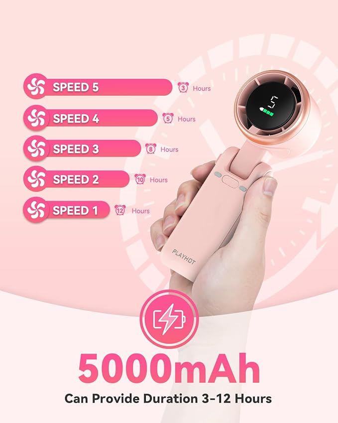 PlayHot Portable Handheld Turbo Fan, 5-Speed Personal Fan, USB-C Rechargeable Fan Up to 12 Hours, 3 IN 1 Hand Fan with Air Turbo Tech Cooling, Travel Fan for Cruise, Beach, Gifts for Women (Pink)
