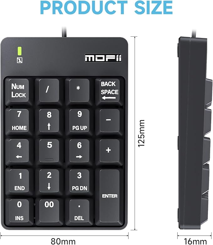 MOFII Number Pad - Black Wired Numeric Keypad Silent 19 Keys USB Numpad, Portable Financial Accounting Keyboard 10 Key for Laptop/Computer/PC/Notebook/Surface Pro