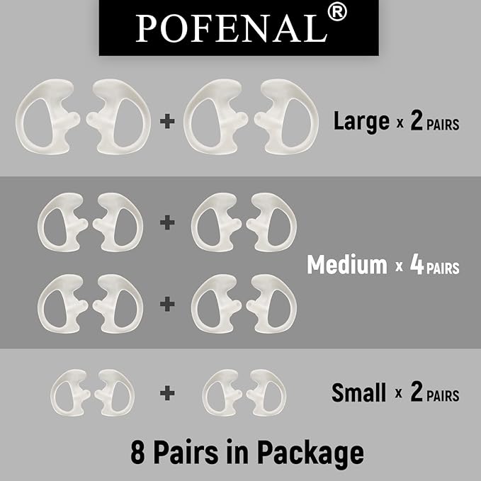 POFENAL Universal Replacement Insert Silicone Soft Earmold for Baofeng Motorola Kenwood Retevis Midland Two Way Radios Headset (White, 8 Pair, Large_2 Pair; Medium_4 Pair; Small_ 2 Pair)