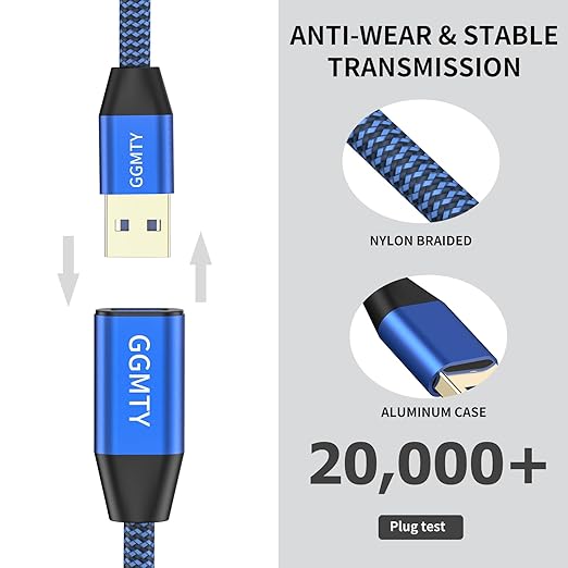 GGMTY [2-Pack USB 3.0 Extension Cable 3FT, Type A Male to Female Extender Cord, 5Gbps High Speed Data with 24/28 AWG Copper, Blue-Black Braided Sync Wire for PC, TV, Flash Drive, Keyboard, Mouse