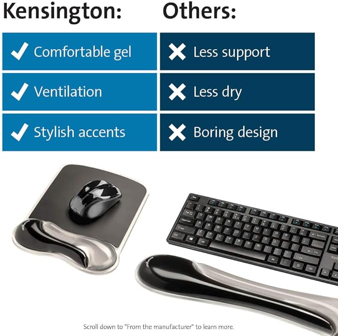 Kensington Mousepad and Wrist Rest, Practical, Gel Pillow, 11-2/5"Wx17-7/10"Lx1-7/10"H,GY (KMW52500) Each, Gray