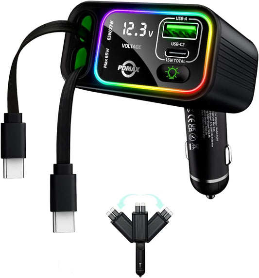 PDMAX Retractable Car Charger USB C,145W Type C Car Charger Fast Charging with Dual Retractable USB C Cable and USB Ports for iPhone 17/16/15,S25/24/23/22, Pixel 9/8/7(Build-in Dual Type C Cable)