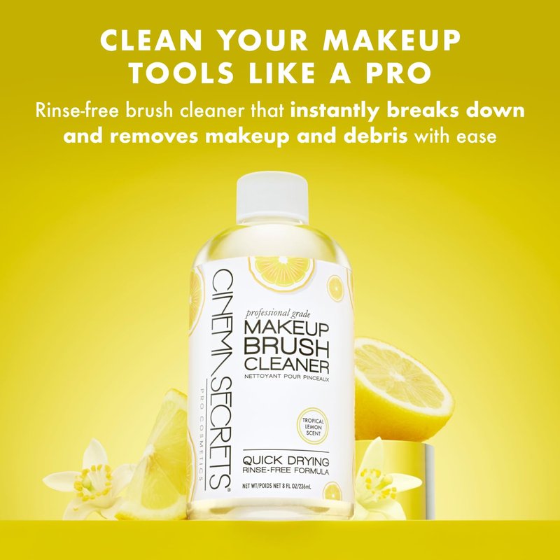 Cinema Secrets Original Makeup Brush Cleaner Solution - Professional Cleanser for Makeup Brushes - Quick-Drying, Rinse-Free Formula - Removes Stubborn Waterproof Make Up - Lemon (32 fl oz)