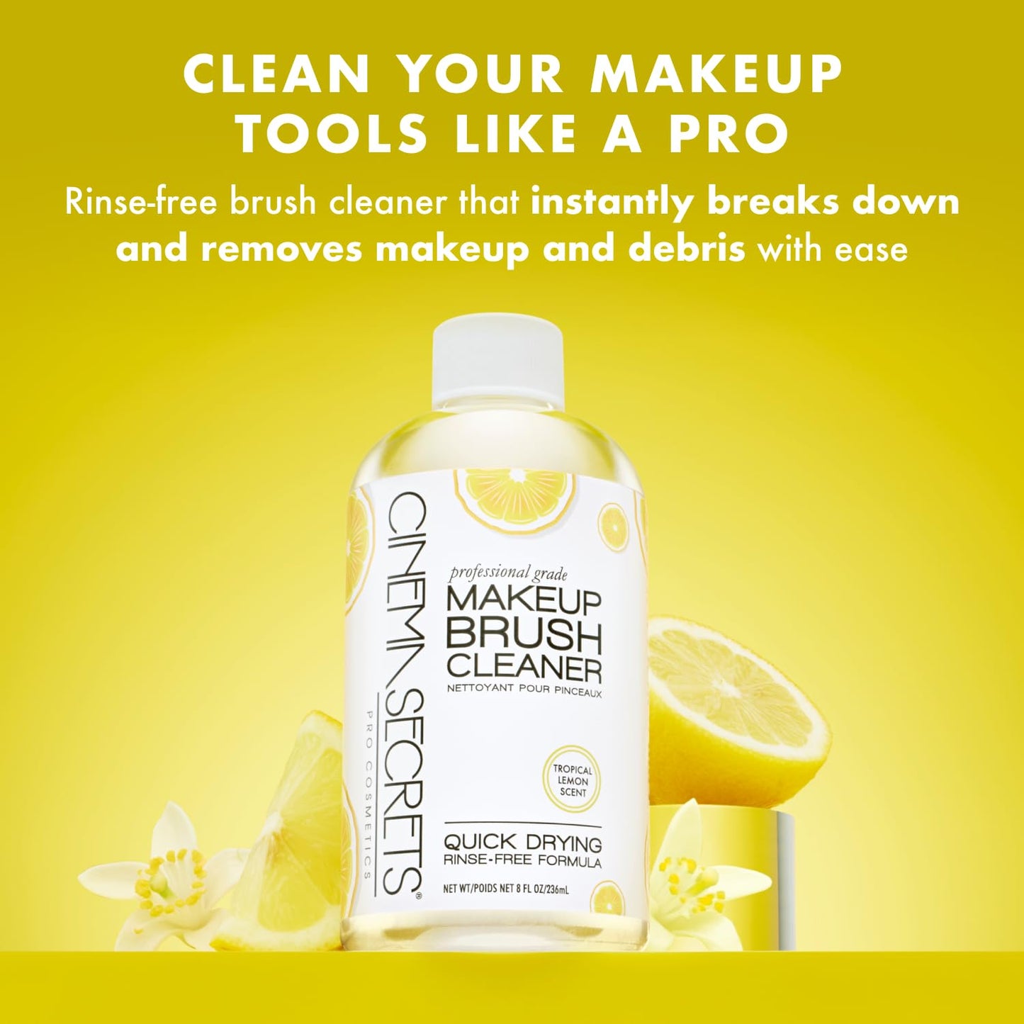 Cinema Secrets Original Makeup Brush Cleaner Solution - Professional Cleanser for Makeup Brushes - Quick-Drying, Rinse-Free Formula - Removes Stubborn Waterproof Make Up - Lemon (8 fl oz)